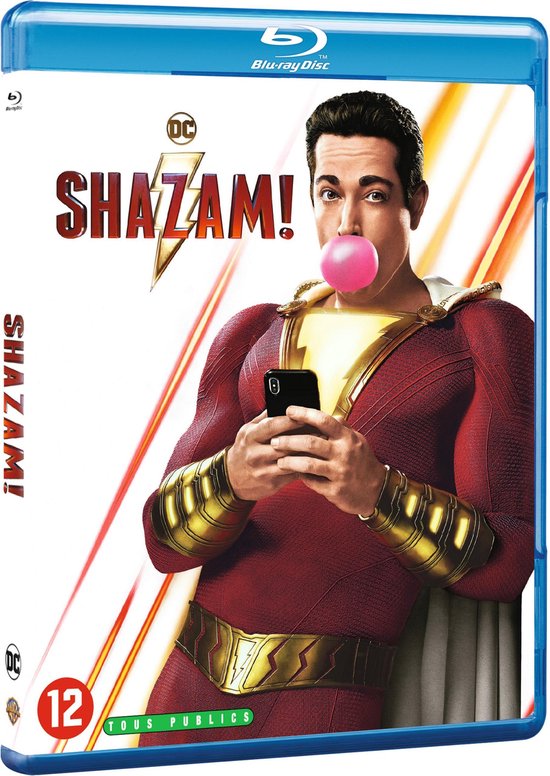 Blu-ray hoes van de film Shazam! met een man in een rood en goud superheldenpak die op zijn telefoon kijkt en een roze kauwgombel blaast.