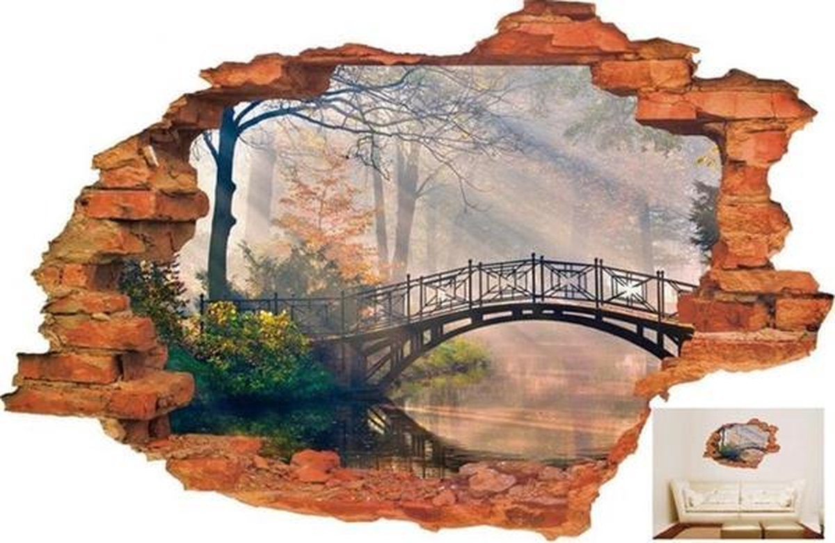 Decoratieve Muursticker 3D - Gat in muur - Brug in het bos - Wanddecoratie sticker
