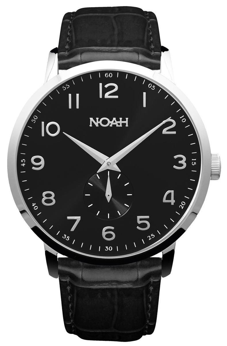 NOAH Slimline Black leather - Horloge - Saffierglas - Italiaans zwart lederen band - Ø 43 mm - black