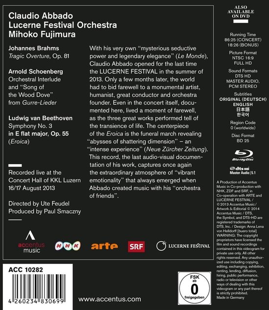 Achterkant van een Blu-ray hoes met tracklist, artwork en details voor Claudio Abbado, Lucerne Festival Orchestra, Mihoko Fujimura. Brahms, Schoenberg, Beethoven.