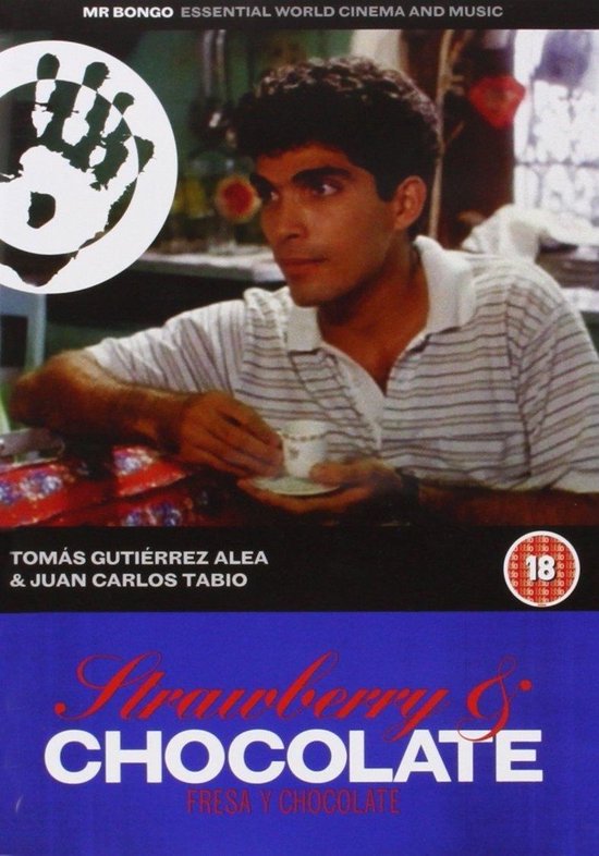 Jonge man in wit gestreept shirt houdt een kopje vast, met "Strawberry & CHOCOLATE" logo.