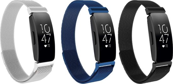 Drie Fitbit Inspire horlogebanden in zilver, marineblauw en zwart. Ze hebben een Milanese band.
