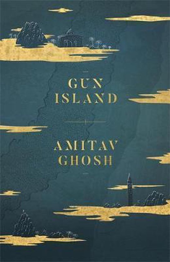 Boekcover voor 'Gun Island' van Amitav Ghosh, met een donkerblauwe achtergrond met gouden wolken, rotsen en gebouwen.