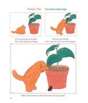 Drie illustraties van een oranje kat die een plant met lieveheersbeestjes observeert.