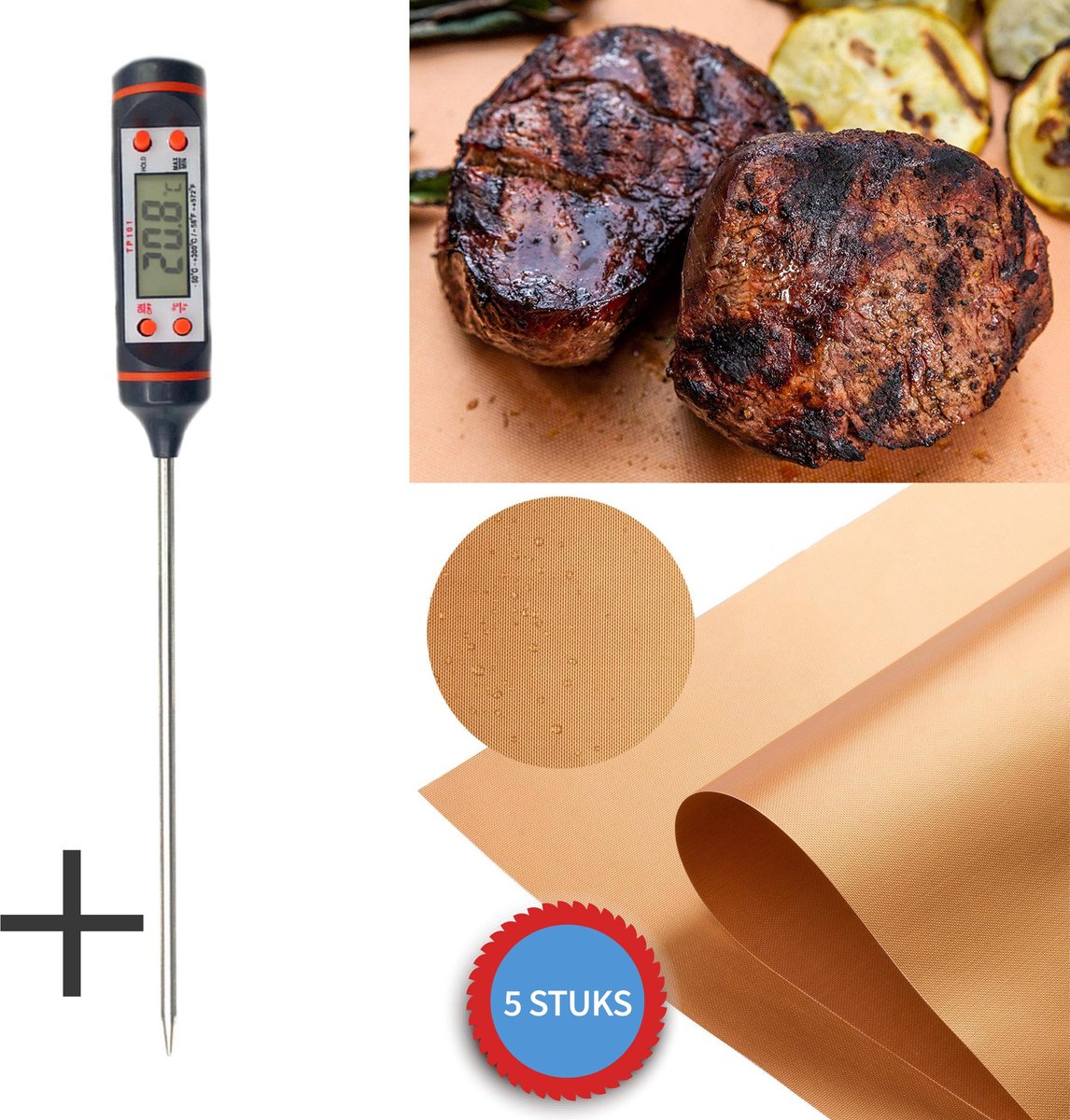 BBQ Grill Mat 5 Stuks Inclusief Vlees Thermometer Gold Color Teflon