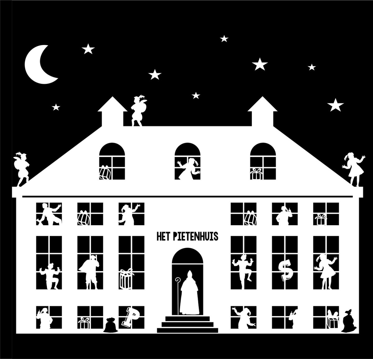 Herbruikbare raamsticker 'Pietenhuis XL' | WIT | Sinterklaas | Sint | Pieten | Sinterklaasfeest | Sinterklaas raamstickers | Sinterklaasversiering | Sintversiering | Het grote Pietenhuis | herbruikbaar | statisch