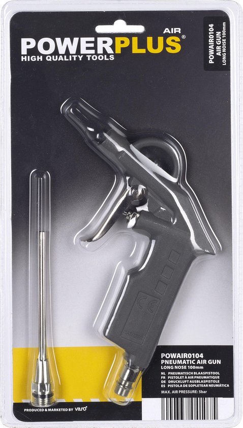 Grijze POWAIR0104 blaaspistool met lange neus, verpakt in blisterverpakking.