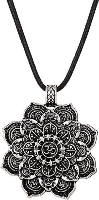 Pendentif fleur de Lotus sur cordon cuir noir - Collier Mandala - Signe Om  | bol