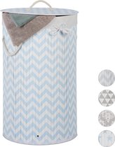 relaxdays opvouwbare wasmand - bamboe - rond - mand voor vuile was - wasbox - met deksel zigzag blauw