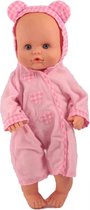 Poppenkleertjes - Geschikt voor kleine pop van 35 cm - Roze romper met muts, oortjes en hartjes - Outfit babypop