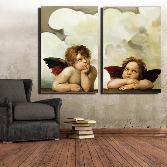 SET peinture sur toile * enfant anges 2 pièces * - art sur votre mur - réaliste - couleur Blauw - lot de 2 pièces 40 x 60 cm