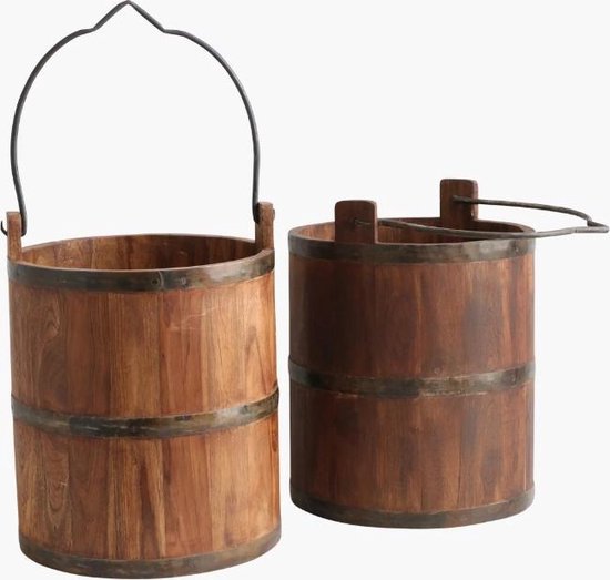 Decoratieve Houten Emmer Factory Wooden Bucket - Gerecycled hout - Metaal - Ø 27 cm... |