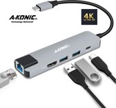 A-KONIC© Thunderbolt - 5 in 1 USB C naar 4K HDMI Adapter – 2x USB 3.0 Ports, USB-C Charging en Ethernet / LAN port