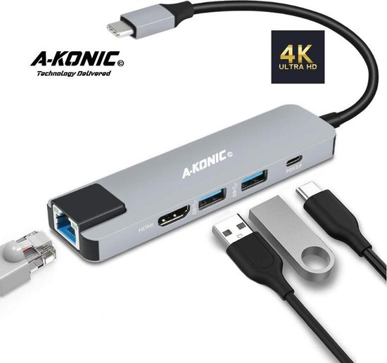 A-KONIC© Thunderbolt - 5 in 1 USB C naar 4K HDMI Adapter – 2x USB 3.0  Ports, USB-C... | bol.com
