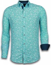Italiaanse Overhemden - Slim Fit Overhemd - Blouse Leaves Pattern - Turqoise