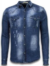 Denim Shirt - SpijkerBlouse Slim Fit Long Sleeve - Vintage Look - Blauw