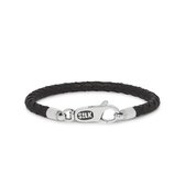 SILK Jewellery - Zilveren Armband - Roots - 830BLK.23 - zwart leer - Maat 23