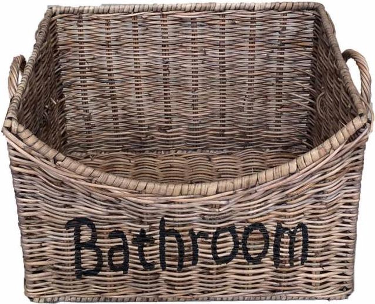 Rieten Badkamer Mand M - 24x18xH9/15 cm - Tekst “Bathroom” - SRIMIT GREY - Landelijke Opbergmand - Decoshoppen.nl