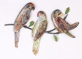 Metalen wanddecoratie 3 papegaaien op tak