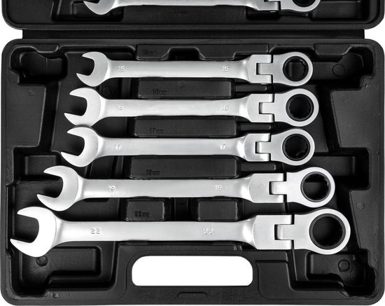 tectake® Steeksleutelset - Ratelset 12-delig - Steeksleutels met flexibele gewrichtskoppen - Gereedschap in kunststof koffer