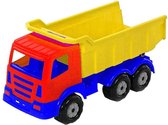 Speelgoed rood/geel/blauwe kiepwagen auto voor jongens 41 cm - Buiten/binnen speelgoed auto's - Vrachtwagen met laadklep/oplegger