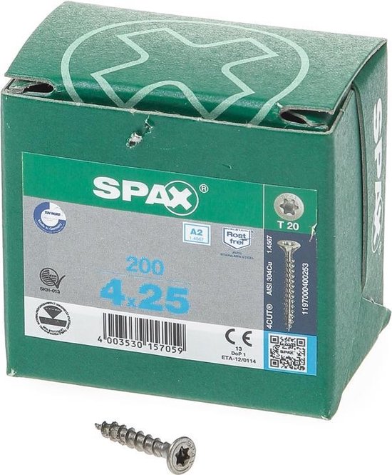 SPAX 1197000400253 Roestvaststalen schroef, Verzonken kop, 4 x 25, Voldraad, T-STAR plus TX20 - blank - 200 stuks - Spax