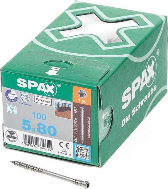 SPAX 537000500803 Terrasschroef, Cilinderkop, 5 x 80, Fixeerschroefdraad, T-STAR plus TX25 - blank - 100 stuks