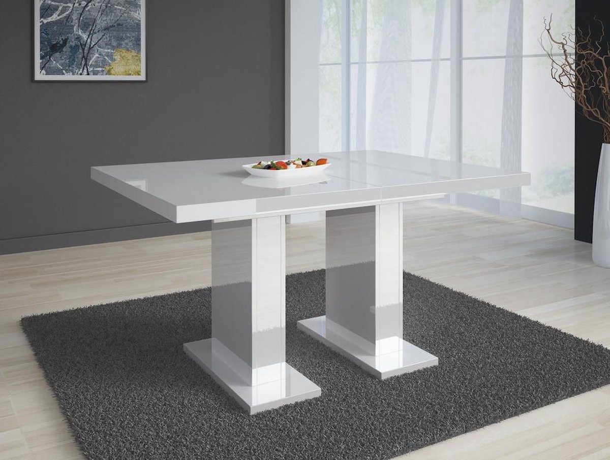 Meubella - Eetkamertafel Glamour - Hoogglans wit 160cm - Uitschuifbaar