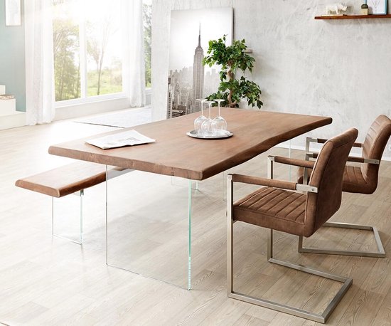 Table en bois massif Live-edge marron acacia 200x100 plateau 5,5 cm pieds verre table arbre