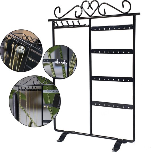 Sieradenrekje staal / Sieradendisplay voor kettinkjes en oorbellen / Voor 16 paar oorbellen / 32 gaatjes / Sieradenstandaard - Zwart