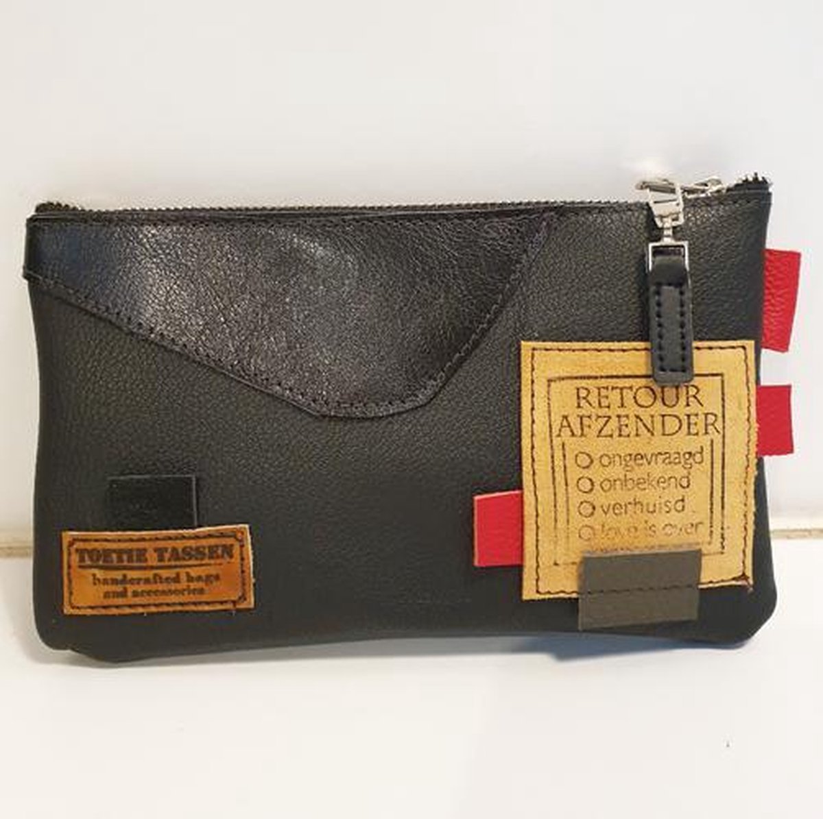 Toetie & Zo Handgemaakte leren Etui Patchwork Zwart - Telefoontas - Makeuptas - Toilettas - Pennenetui - Medicijntasje - Leder