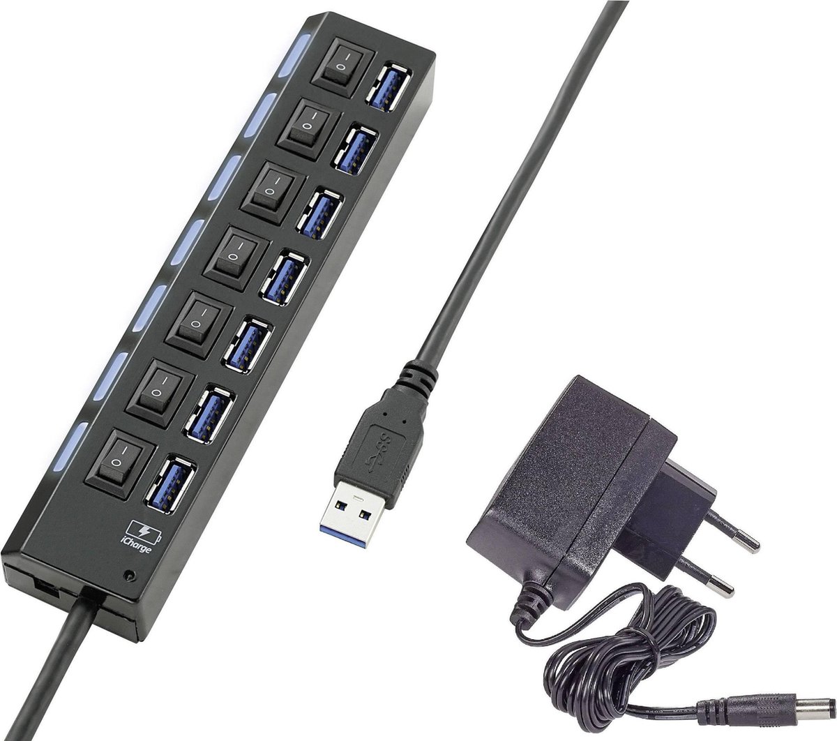 Renkforce USB-hub 7 poorten Individueel schakelbaar, Met status-LED's, Met iPad-laadpoort Zwart
