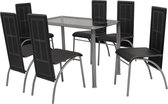 Complete Eettafel set Zwart 7 delig met glazen tafel (Incl Dienblad) - Eet tafel + 6 Eetstoelen - DIneertafel - Eettafelstoelen - Eetkamerstoelen - Eethoek 6 persoons