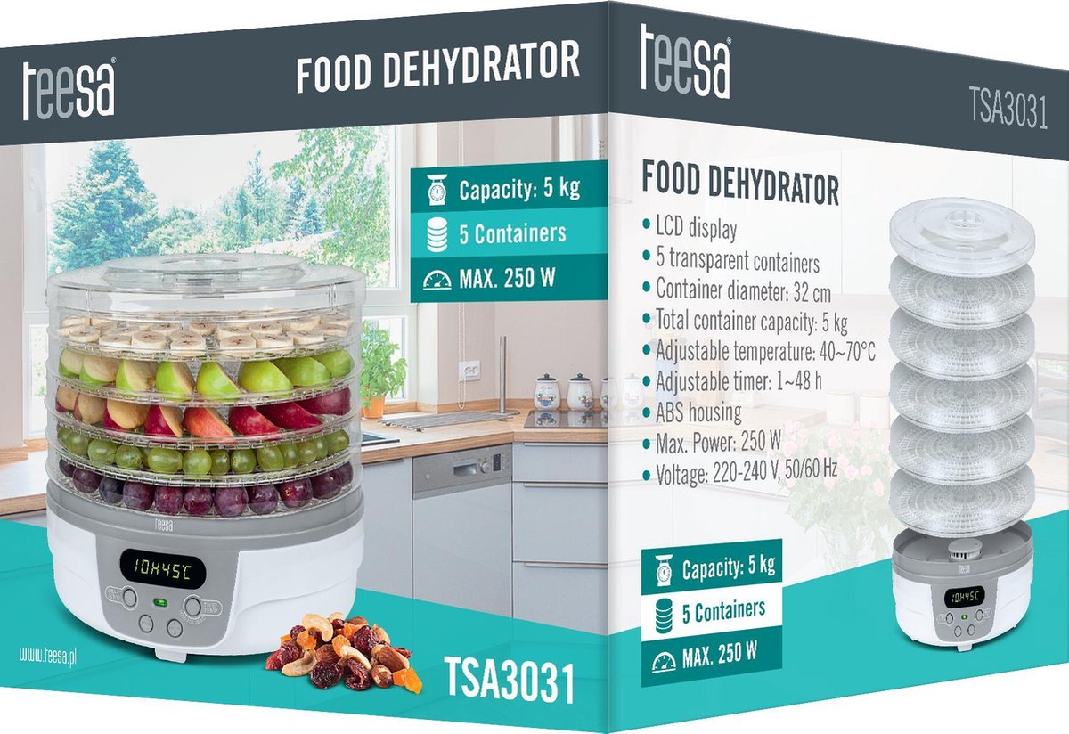 Teesa TSA3031 - Voedseldroger met LCD-display, 5 kg, wit