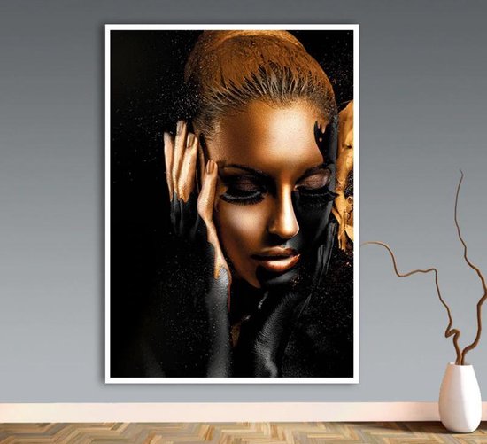 Canvas Schilderij * Zwart Goud Vrouw * - Kunst aan je Muur - Kleur  Goud-Zwart - 60 x 80 cm | bol.com