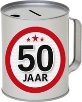 Cadeau/kado collectebus 50 jaar 10 x 13 cm - Cadeauverpakking voor vijftig jarige Abraham/Sarah - Inzamelingsactie spaarpot van metaal