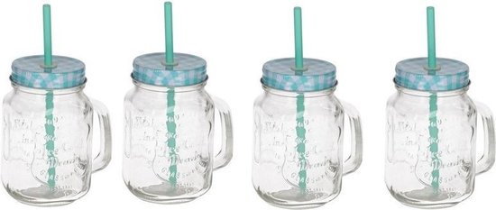 cache Mooie vrouw strand 4x Mason jar drinkglas met blauw deksel en rietje 500 ml - Smoothie bekers  - Mason... | bol.com