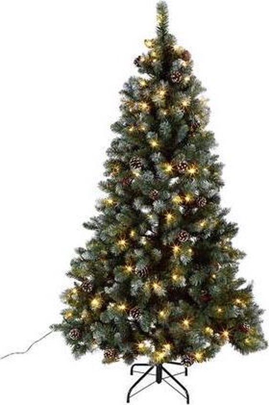 180 cm vooraf verlichte kerstboom met sneeuw en led verlichting +  dennenappels | bol.com