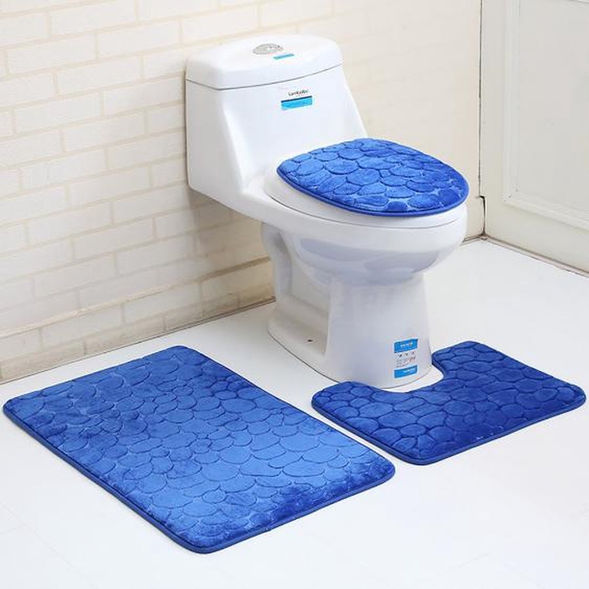 Eigen minimum Voorwoord Anti slip badmat set 3 delig blauw (bad mat, wc mat, wc cover) - stapstenen  | bol.com