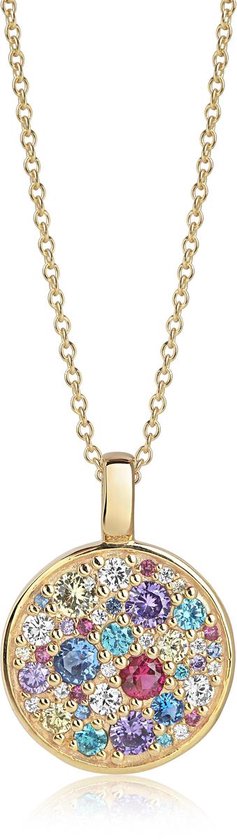 Gouden ketting met een ronde hanger bezet met veelkleurige zirkonia steentjes.