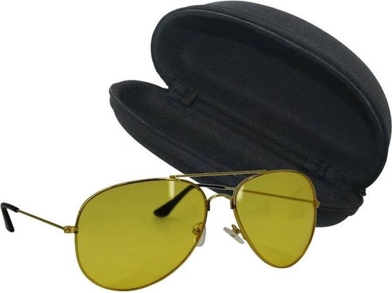 Nachtzicht piloten bril goudkleurig met zwarte brillenkoker - Nachtbril - Nachtblind brillen