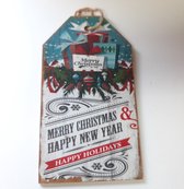 Houten tekstbord kerst bont Merry Christmas and happy new year
