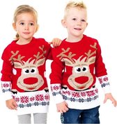 Kersttrui kind - Rendier Rudolph - Rood - Voor jongen of meisje - Maat 6/7 jaar - Foute kersttrui voor kinderen