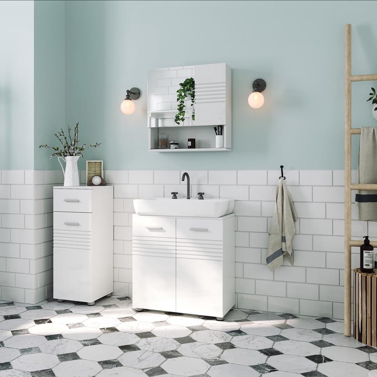 VASAGLE Bathroom Cabinet BBC551P31 Bathroom Cabinet Kitchen Cabinet Storage Cabinet with 2 Doors and 2 Drawers Adjustable Shelf 30 x 60 x 110 cm Classic White