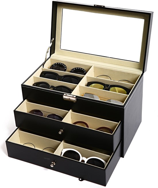 Fliex Brillen doos zonnebrillen opbergen Zwart - Slot - Voor 18 brilen | bol
