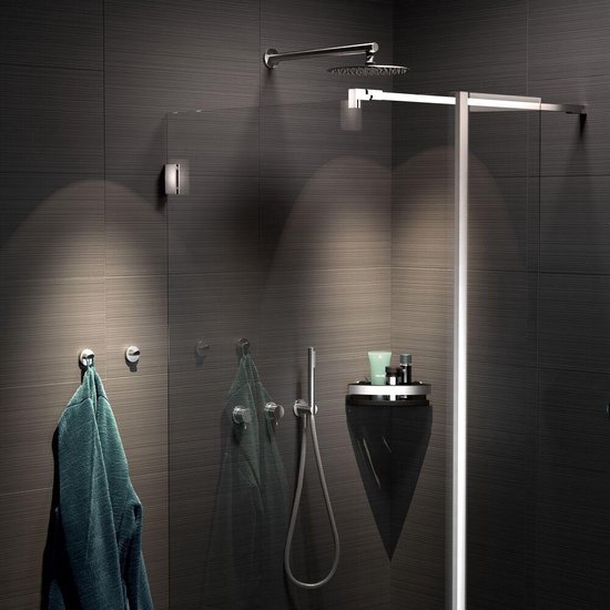 Moderne douche met donkere tegels, glazen douchewand, regendouche en een hoekplateau met toiletartikelen.