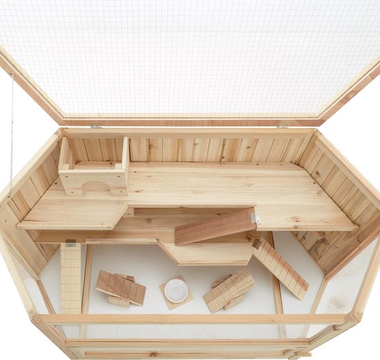TecTake Houten Knaagdierenkooi Met Huisje Meerdere Verdiepingen Voor Bewegingsvrijheid Scharnierend Dakrooster Etalage Van Kunststofglas 1492266486