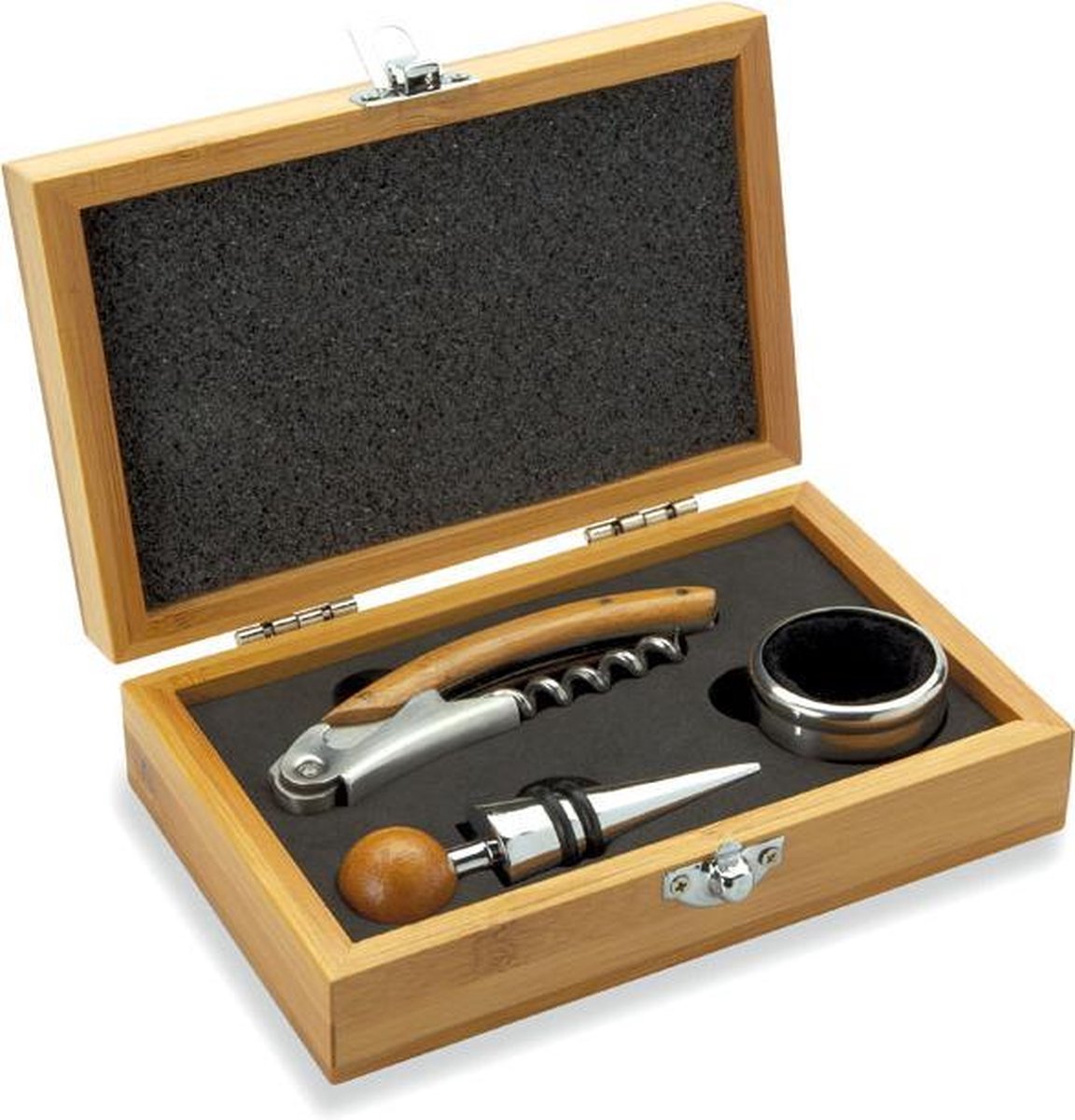 Wijnset 3 delig in bamboe kist - Giftbox met kurkentrekker, wijnring en flessenstop van RVS - Wijn & Co