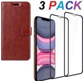 iPhone 11 - Bookcase Bruin - portemonee hoesje + 2X Full cover Tempered Glass Screenprotector