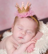 Haarband-haarkroon-prinsessenkroon-luxe kroon goud-roze-parelrand-cakesmash accessoire-newborn fotoshoot haarband